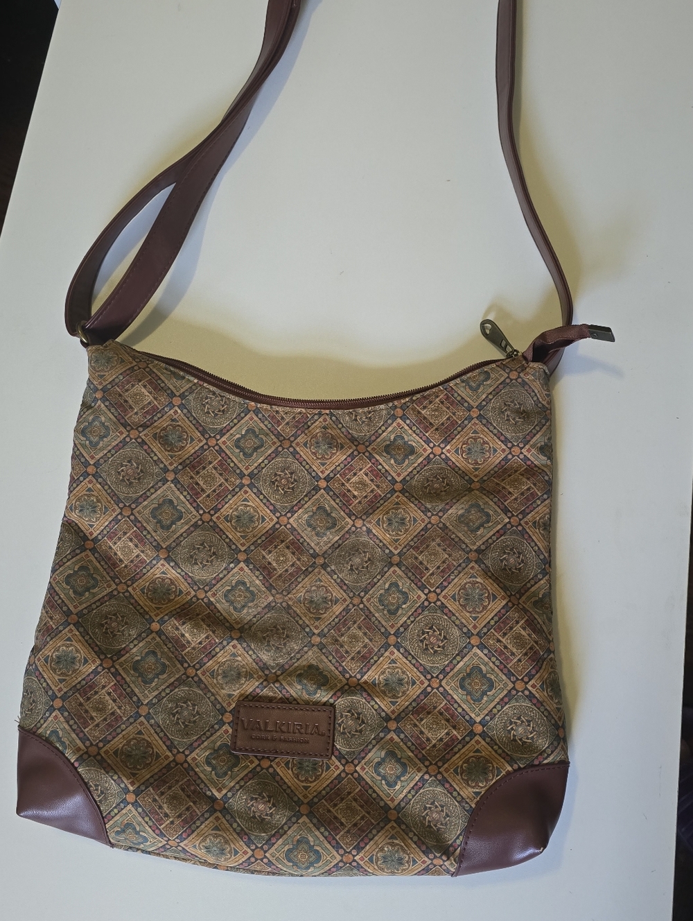 Brown Patterned Crossbody Bag with Adjustable Strap